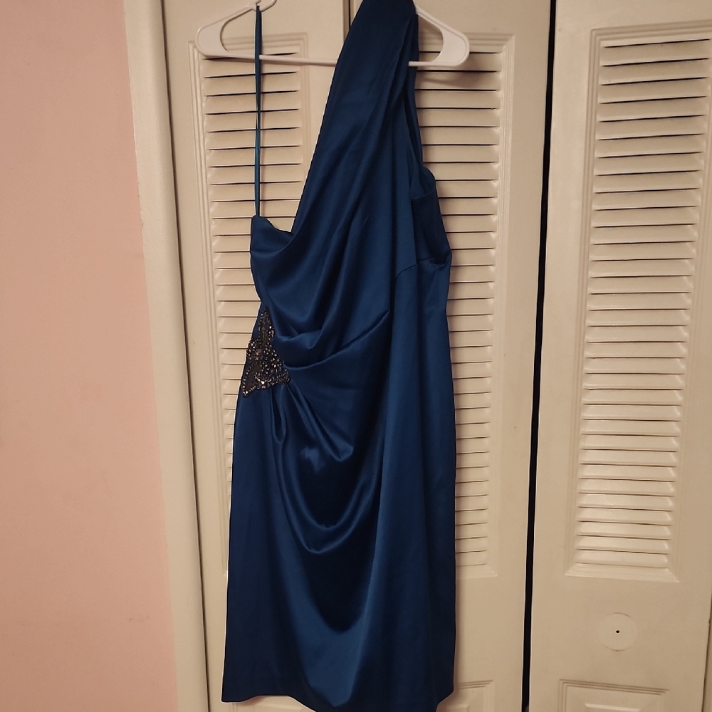 Blue Asymmetrical Ruched One Shoulder Gown